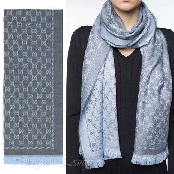 NEW GUCCI Grey Blue Wool GG Monogram Reversible Stencil Scarf $520 Authentic - Picture 5 of 12